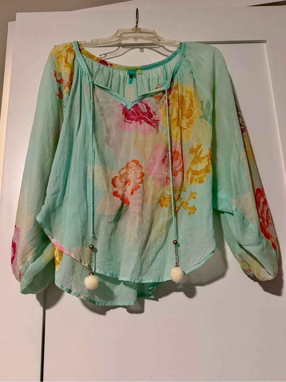 FARM Rio Mint Floral Peasant Blouse with Pom Tie - Size Small